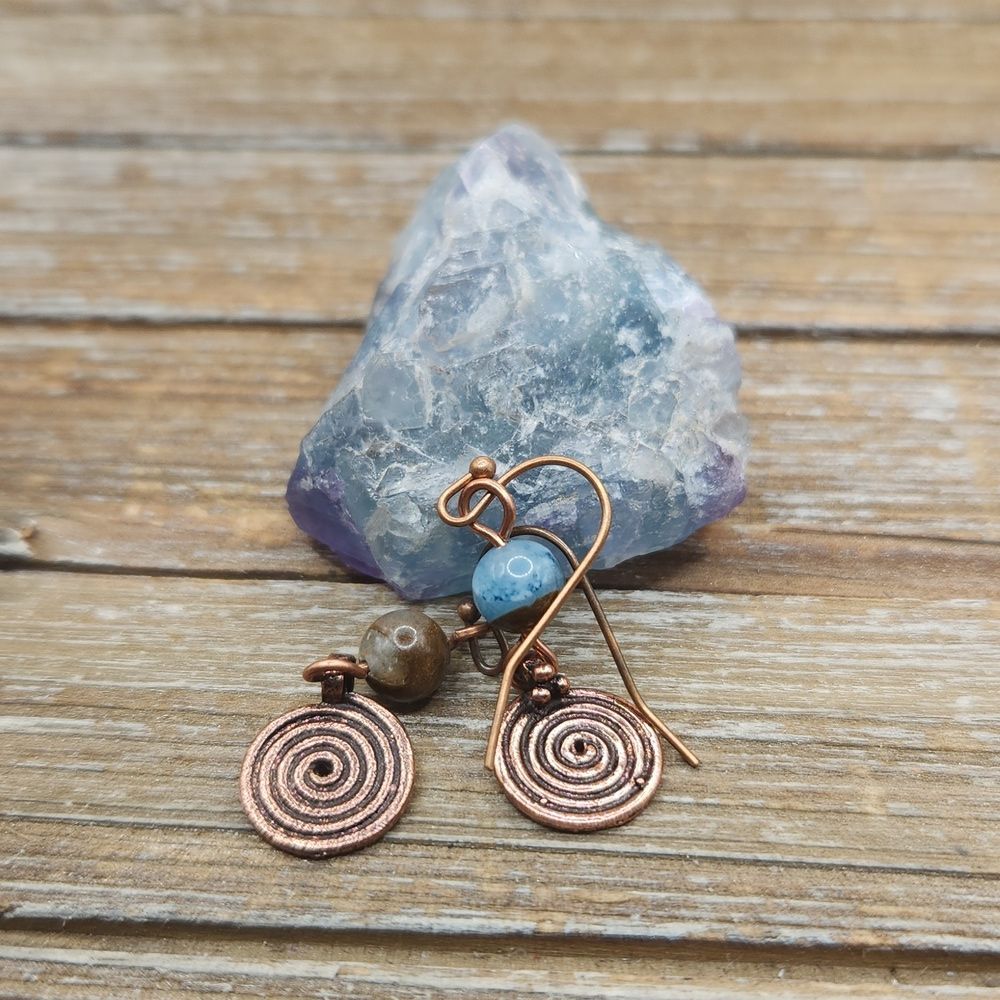 Teal Impression Jasper And Copper Spiral Drop Earrings